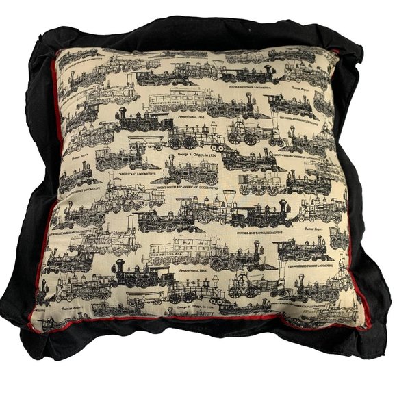 Vintage Train Locomotive Throw Pillow White Red Black Ruffle Retro 19.5" Square - Picture 1 of 6